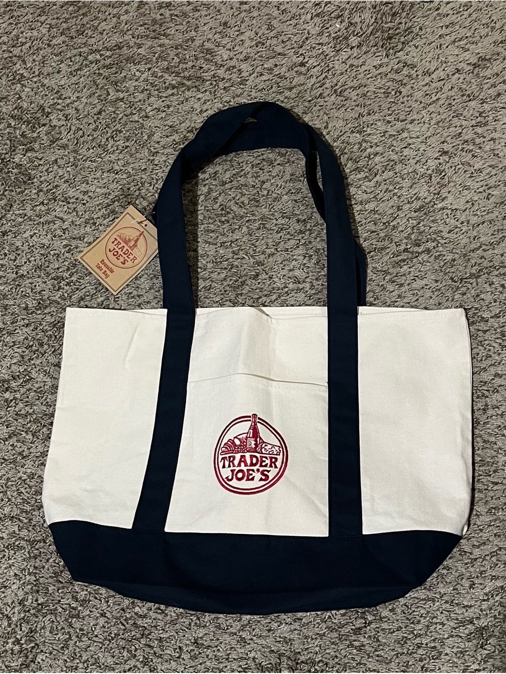 Trader Joe's Canvas Tote Bag in White and Navy